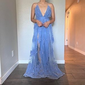 backless floral velvet prom dress in dusty blue color